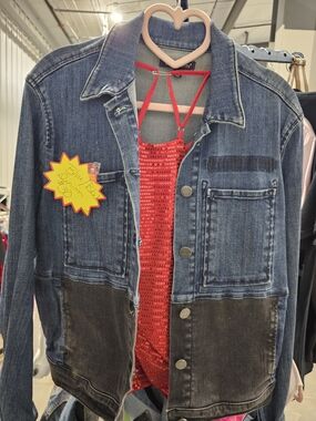 Dear John Two-Tone Blue and Black Denim Jacket with Red Sequin Cami